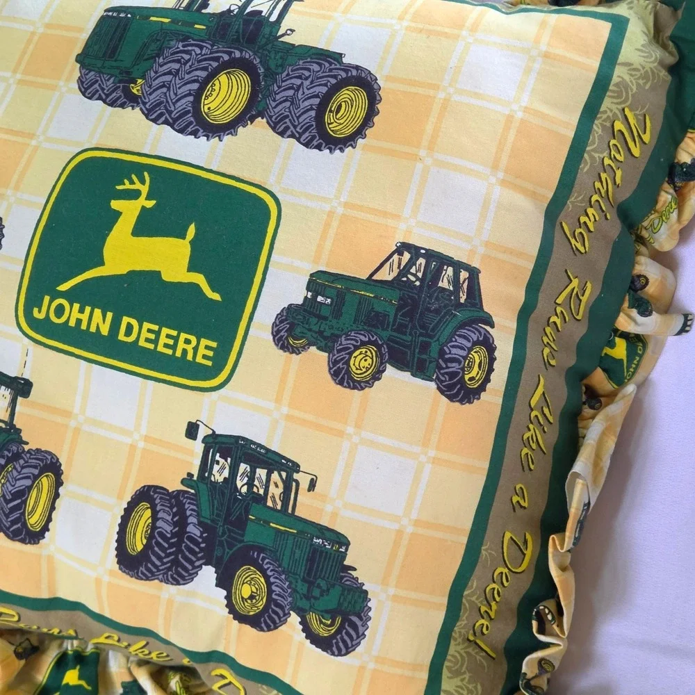 John Deere Throw Pillow Green Yellow Ruffled Tractor Plaid Accent